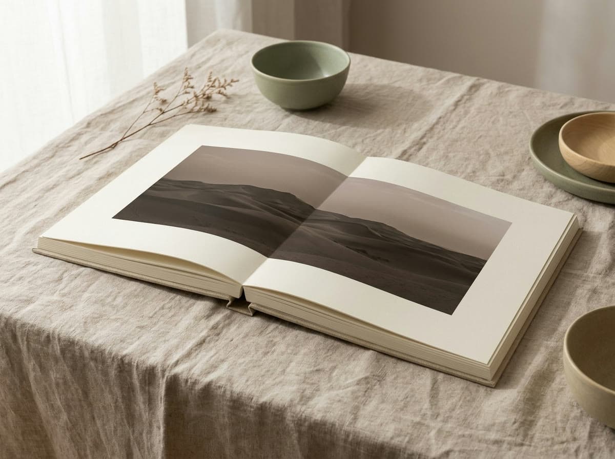 Open lay-flat album with a desert dune photograph spanning both pages