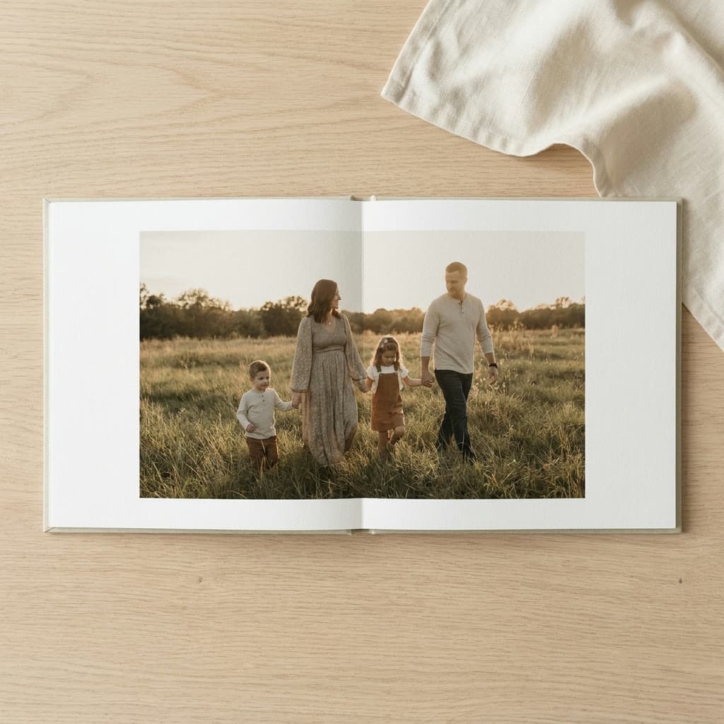 Square album open to a family photograph, seen from above