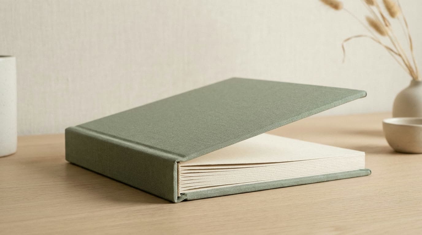 Sage linen album with its cover lifted, resting on an oak table