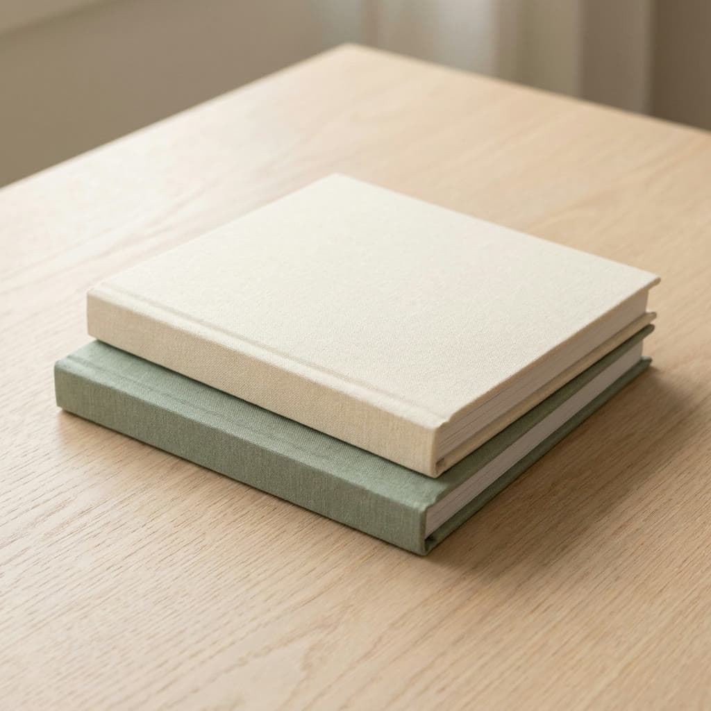 Cream and sage albums stacked on a pale oak table