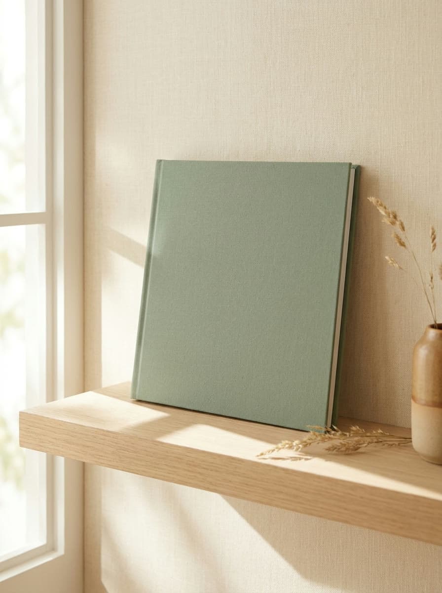 Sage linen album standing on an oak shelf